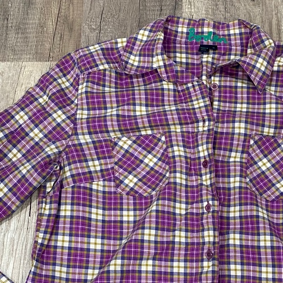 purple and yellow plaid shirt